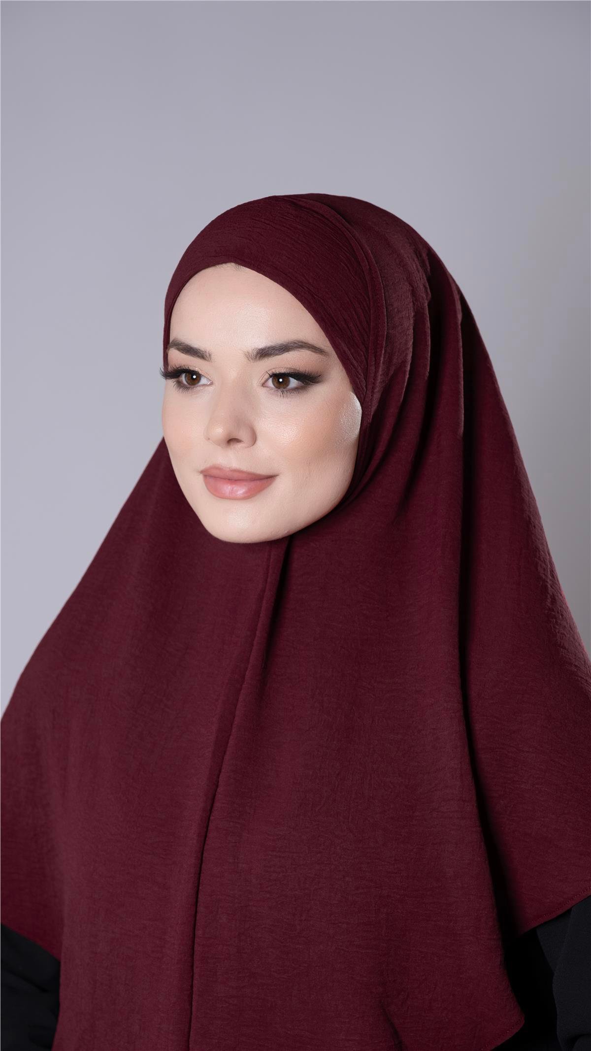 Bordo Pratik Hazır Geçmeli Tesettür Eşarp Aerobin Kumaş Düz Hijab 2309_16