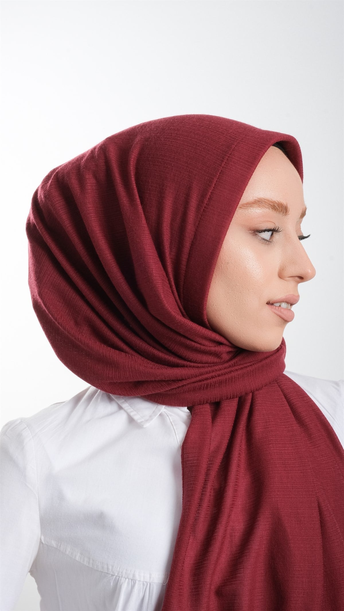 Bordo Pratik Hazır Geçmeli Tesettür Şal Örme Kumaş Sade 2118_16