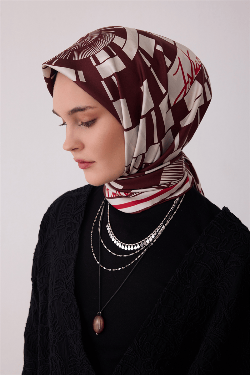 Bordo Tivil İpek Eşarp Bordo 4411 88 Geometrik Desen