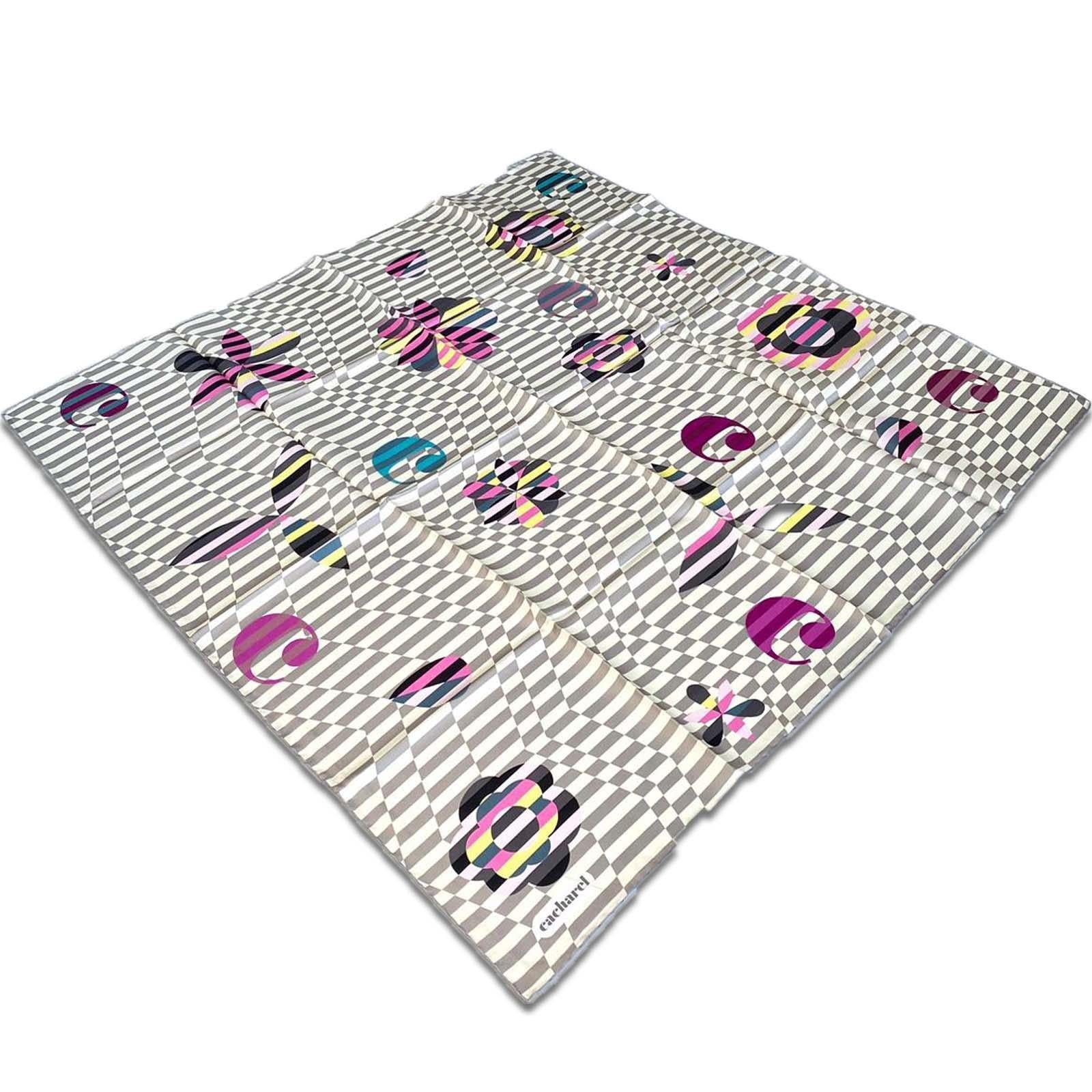 Cacharel White Gray Mixed Pattern Twill Silk Scarf 88550313-971