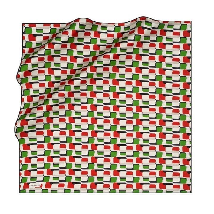 Cacharel Saf Tivil İpek Eşarp 8703313 - 911 Yeşil - Kırmızı Geometrik Desen