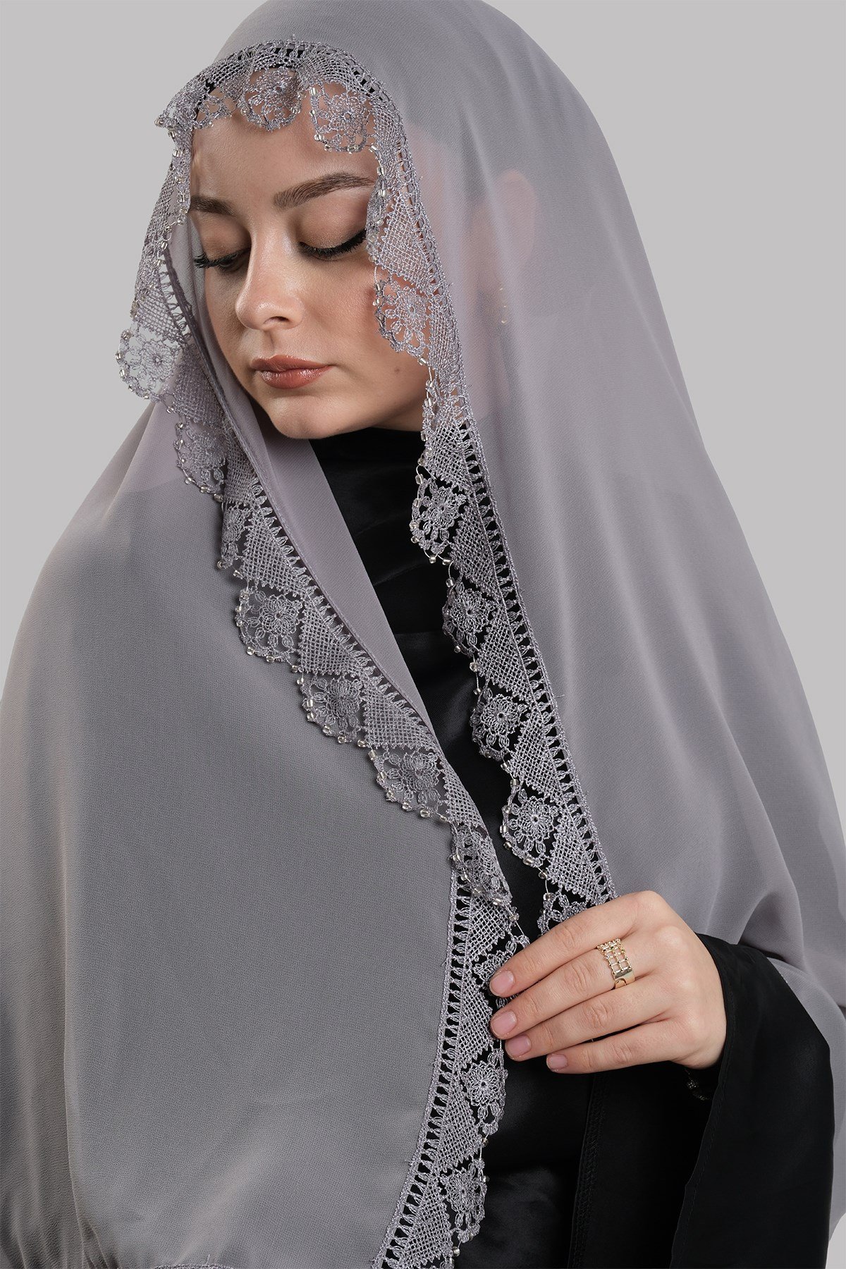 Gri Nikah Namaz Başörtüsü Şal Şifon Boncuklu Güpürlü 202131_15