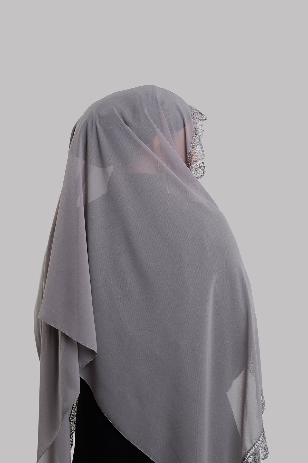 Gri Nikah Namaz Başörtüsü Şal Şifon Boncuklu Güpürlü 202131_15