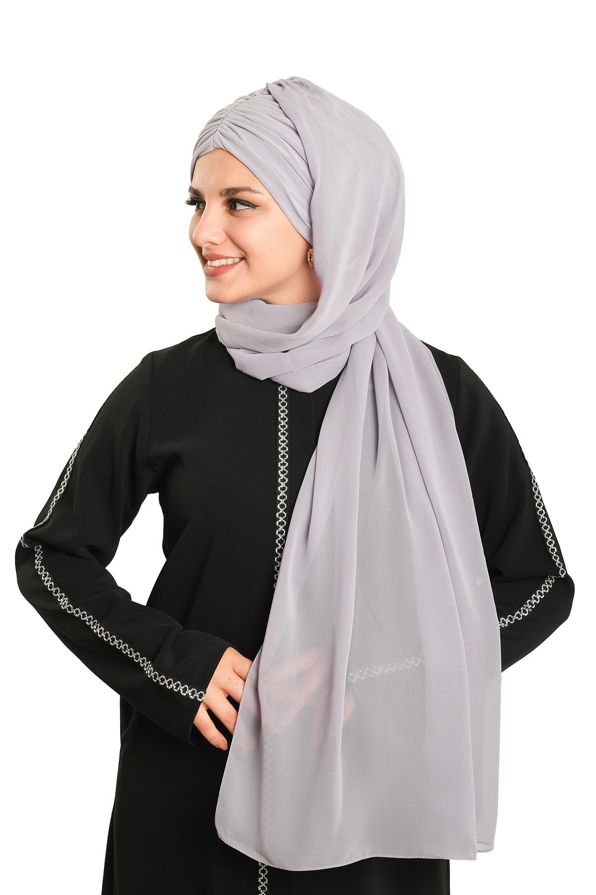 Gri Pratik Hazır Geçmeli Bone Şal Şifon Drapeli 2507_15