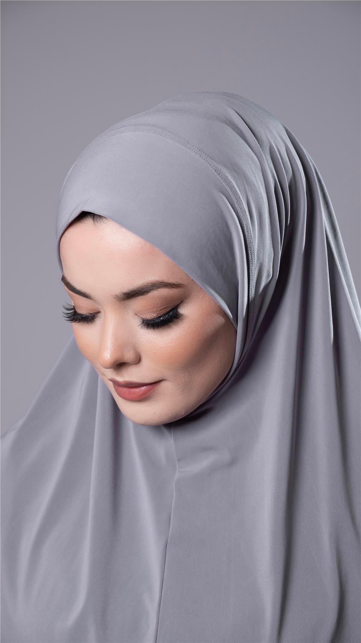 Gri Pratik Hazır Geçmeli Tesettür Eşarp Sandy Kumaş Düz Hijab 2308_15