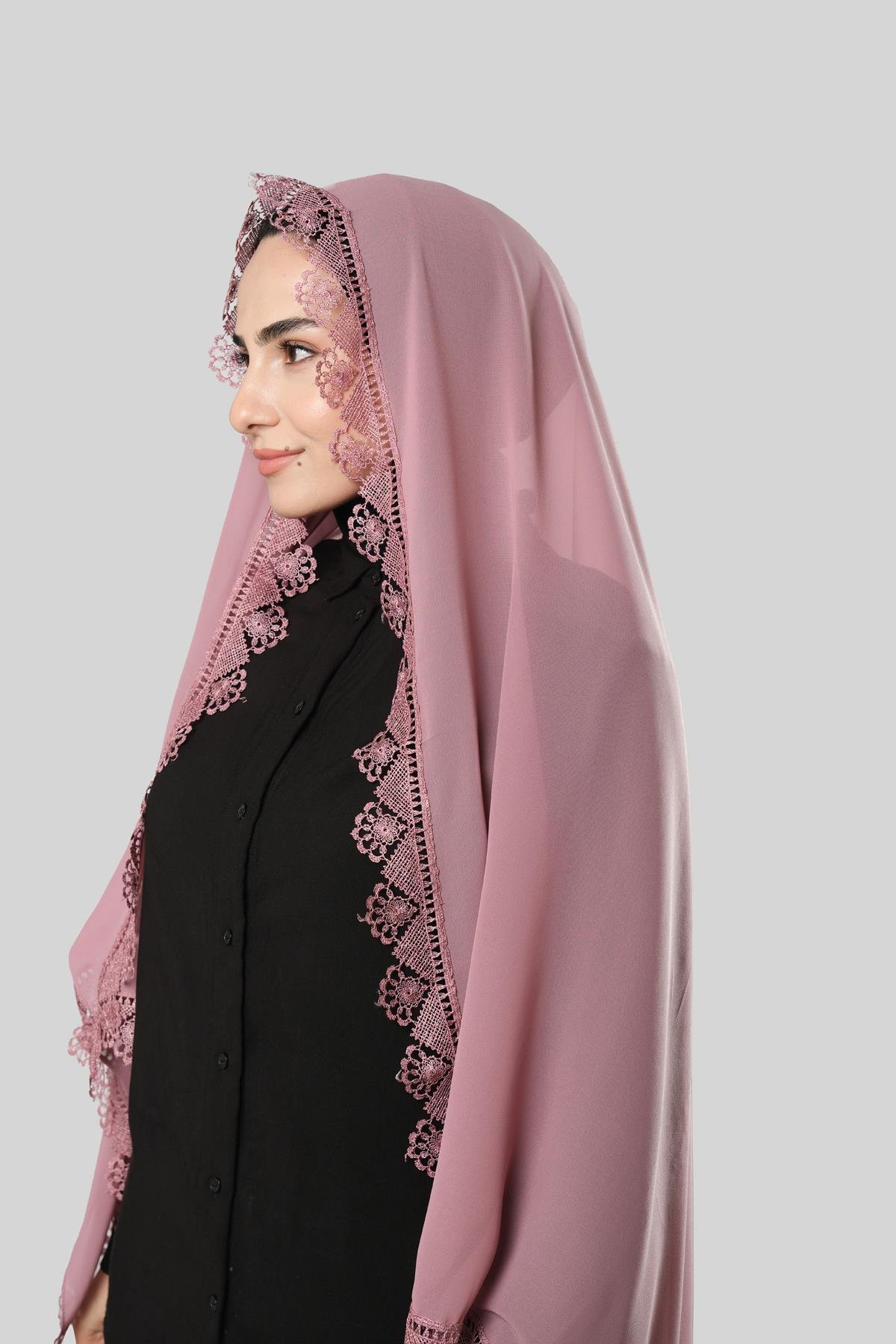 Gül Kurusu Namaz Başörtüsü Şal Şifon Güpürlü 202106_18