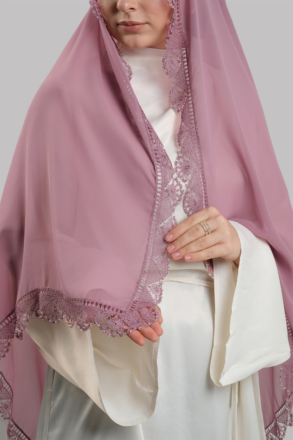 Gül Kurusu Nikah Namaz Başörtüsü Şal Şifon Boncuklu Güpürlü 202131_18