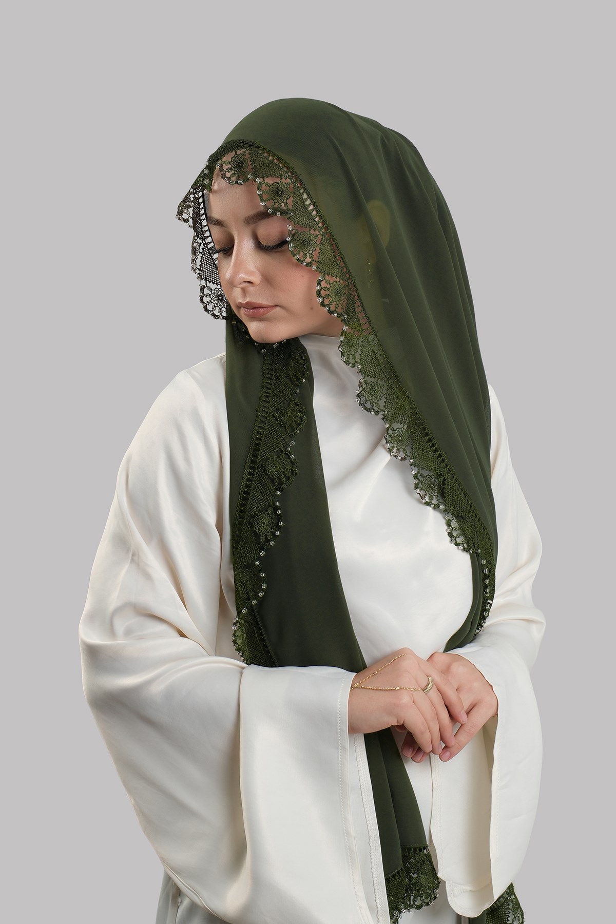Haki Nikah Namaz Başörtüsü Şal Şifon Boncuklu Güpürlü 202131_09