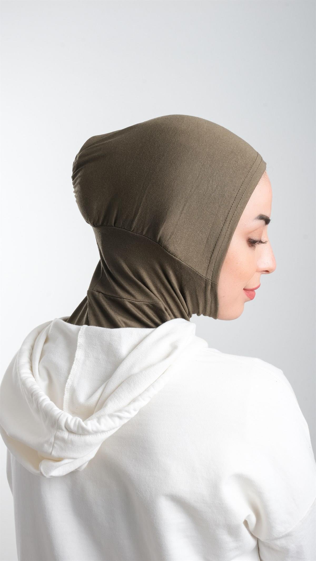 Haki Pratik Hazır Geçmeli Tesettür Bone Sandy Kumaş Spor Hijab 2113_09