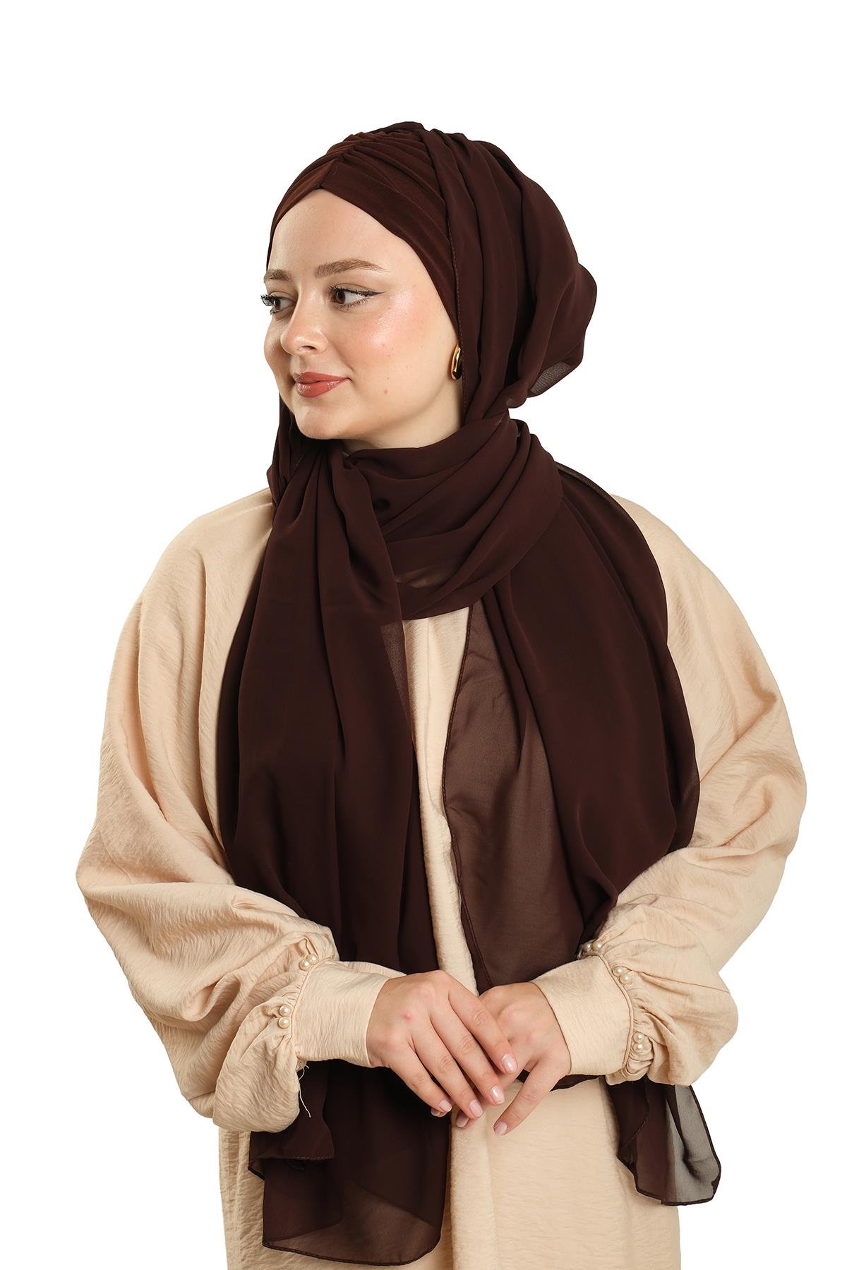 Kahve Pratik Hazır Geçmeli Bone Şal Şifon Drapeli 2507_14