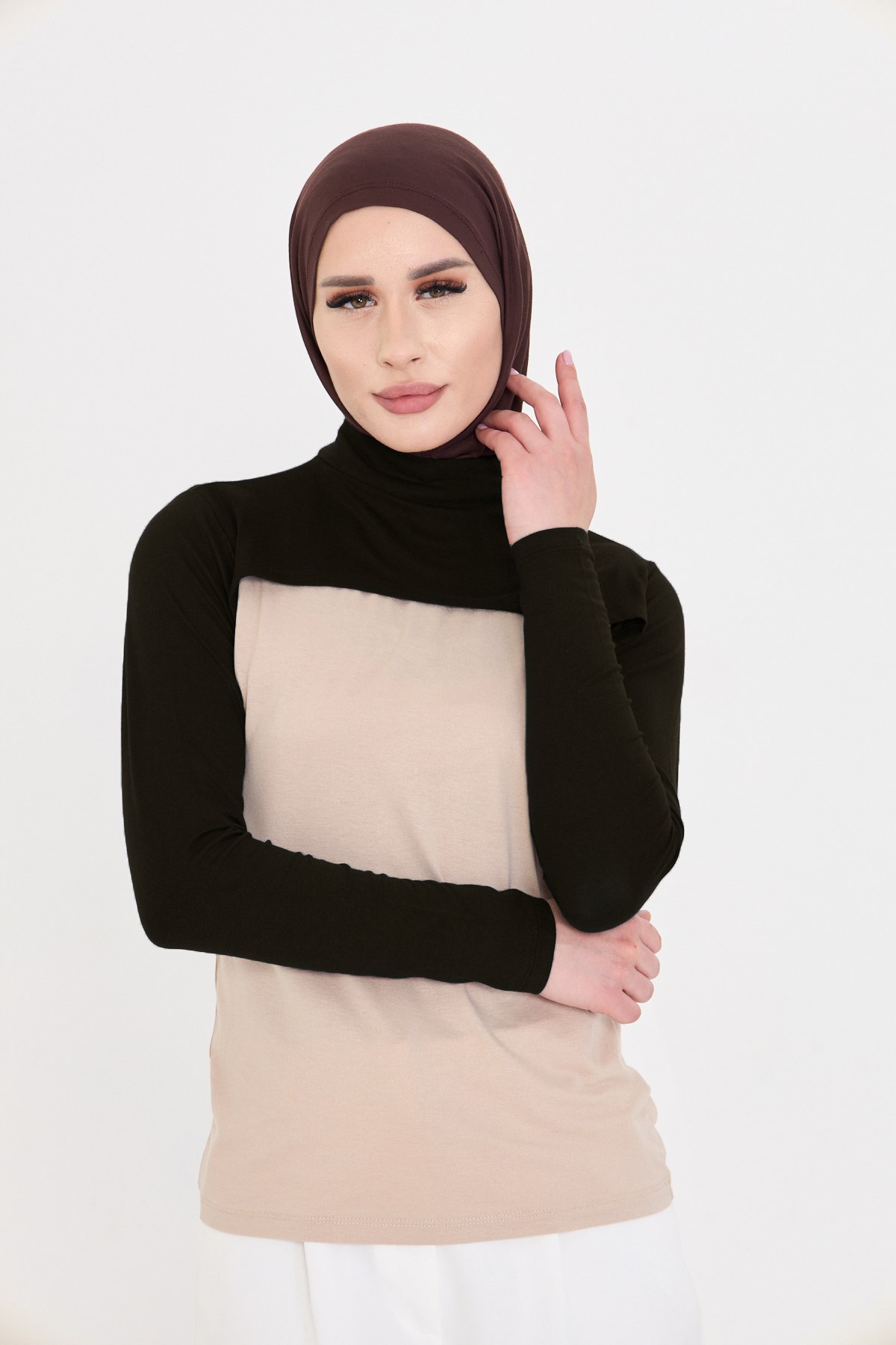 Kahve Tesettür Balıkçı Yaka Boyunluklu Kolluk Viskon Düz 1025_14