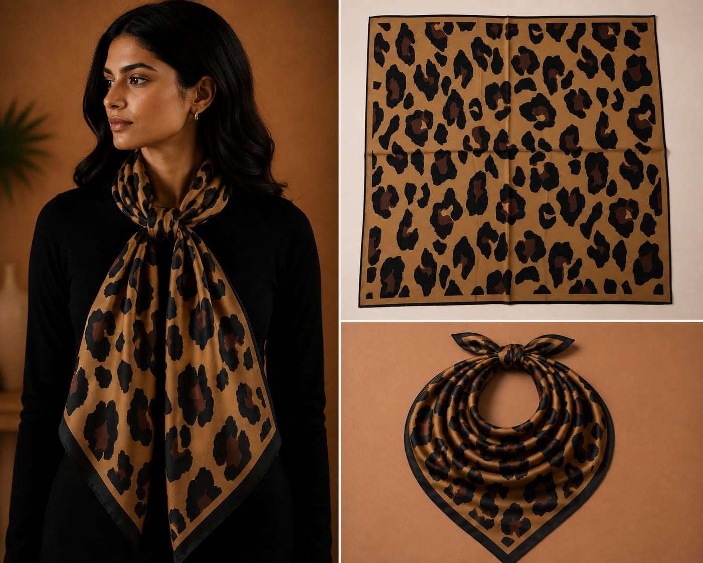 Kahverengi Siyah Leopar Desenli İpek Fular