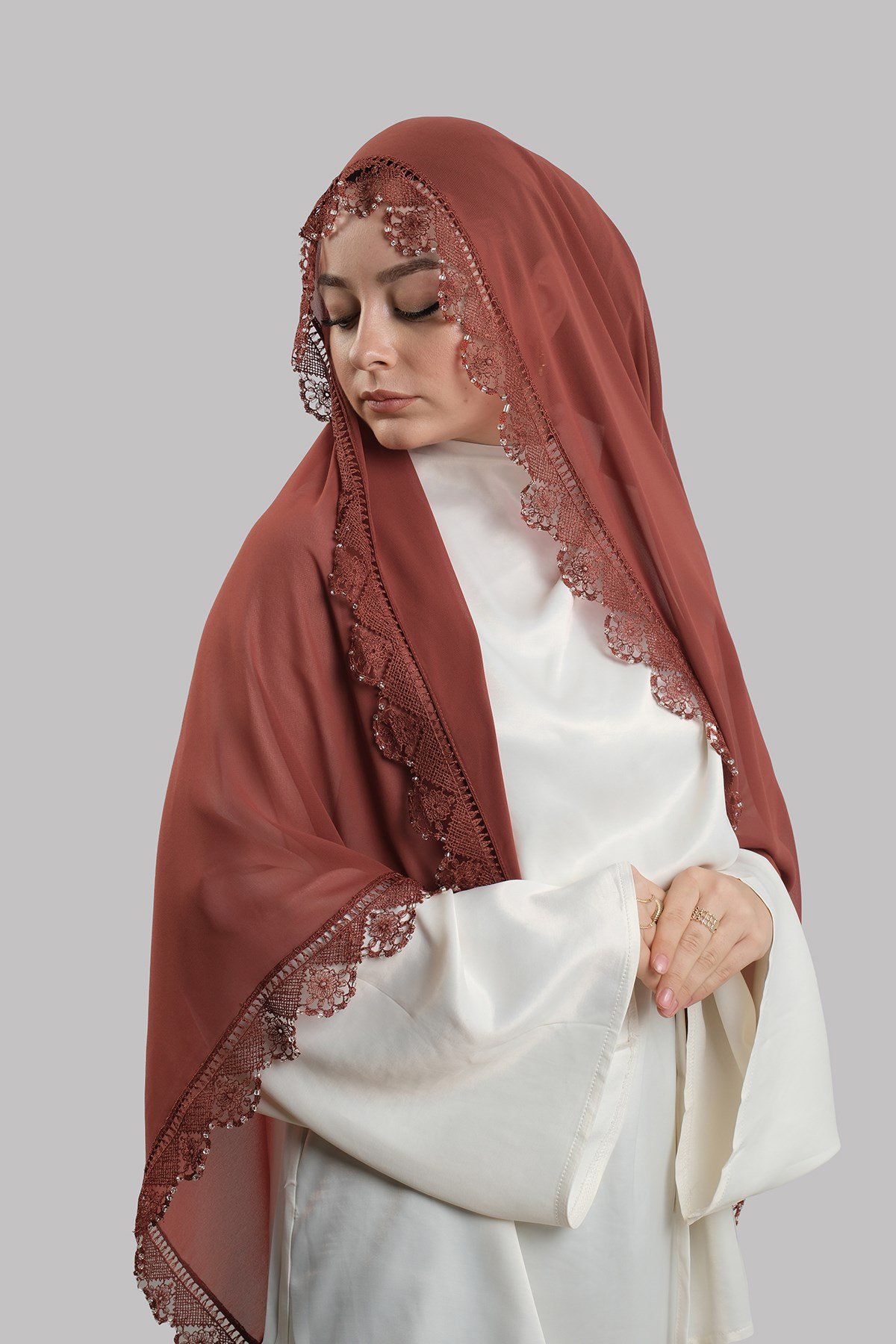 Kiremit Nikah Namaz Başörtüsü Şal Şifon Boncuklu Güpürlü 202131_05