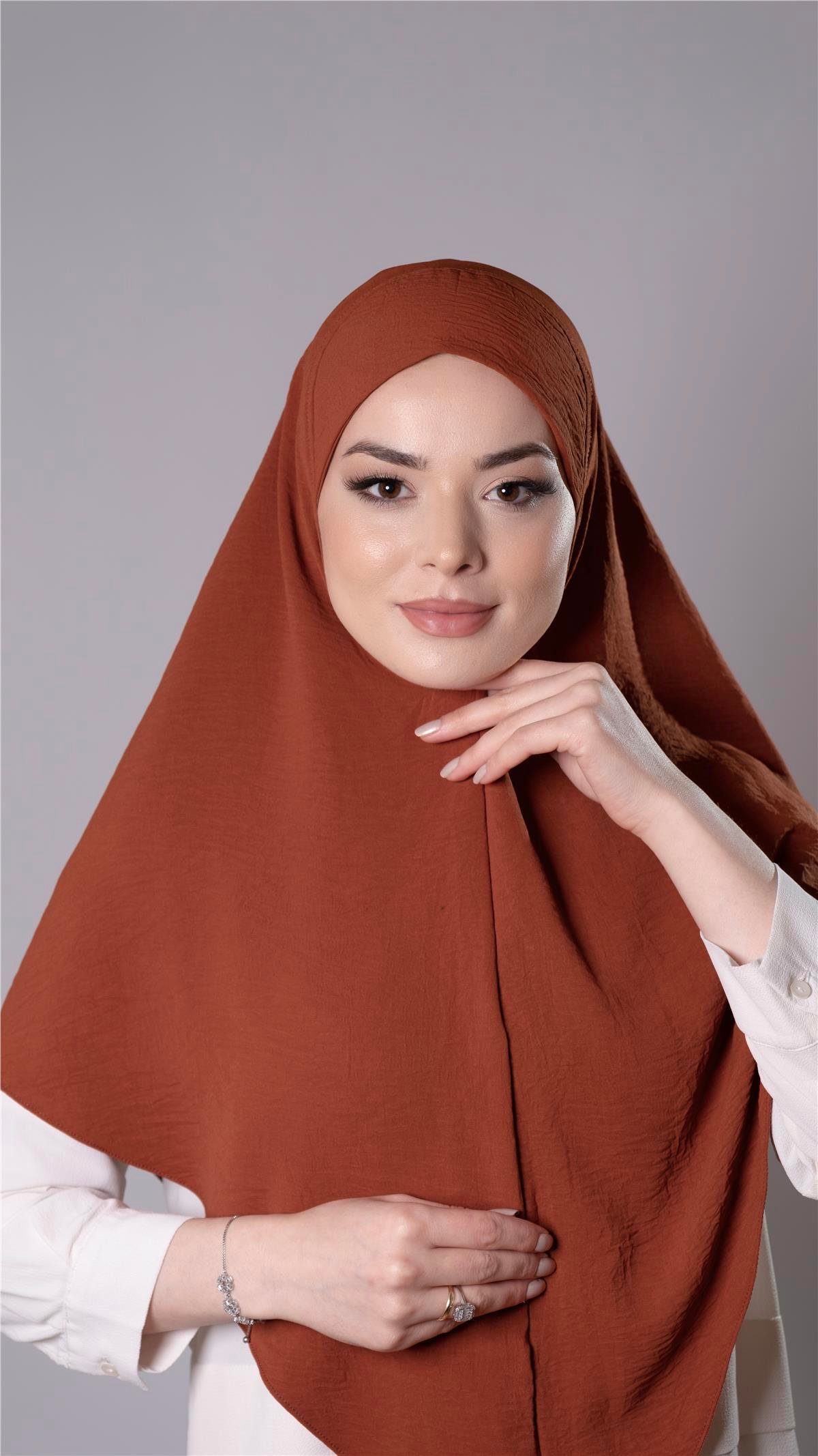 Kiremit Pratik Hazır Geçmeli Tesettür Eşarp Aerobin Kumaş Düz Hijab 2309_05