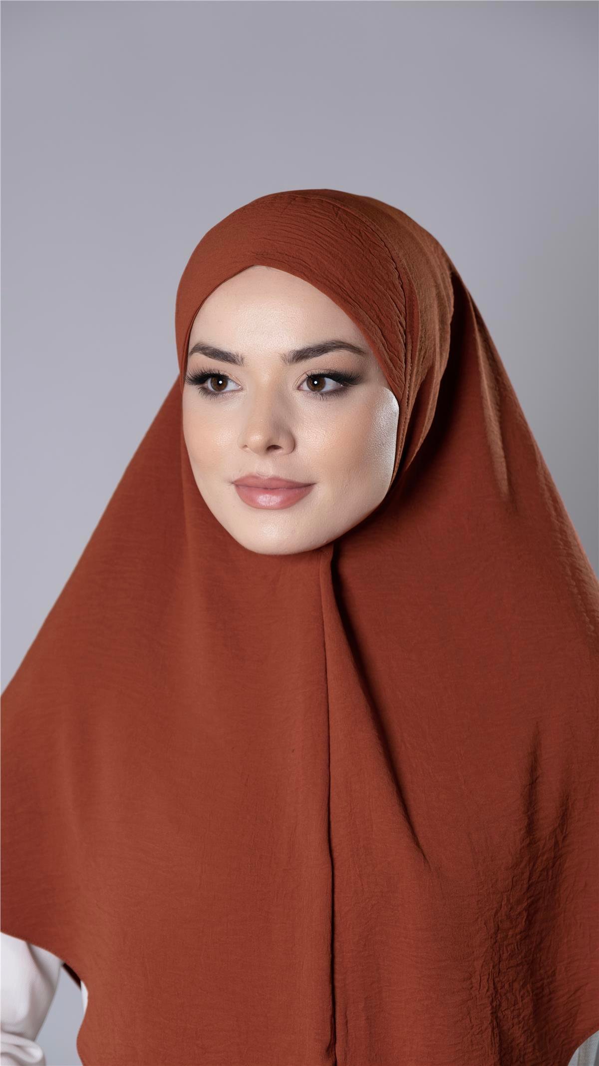 Kiremit Pratik Hazır Geçmeli Tesettür Eşarp Aerobin Kumaş Düz Hijab 2309_05