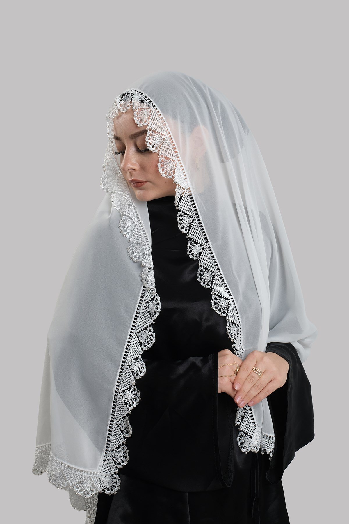 Krem Nikah Namaz Başörtüsü Şal Şifon Boncuklu Güpürlü 202131_40