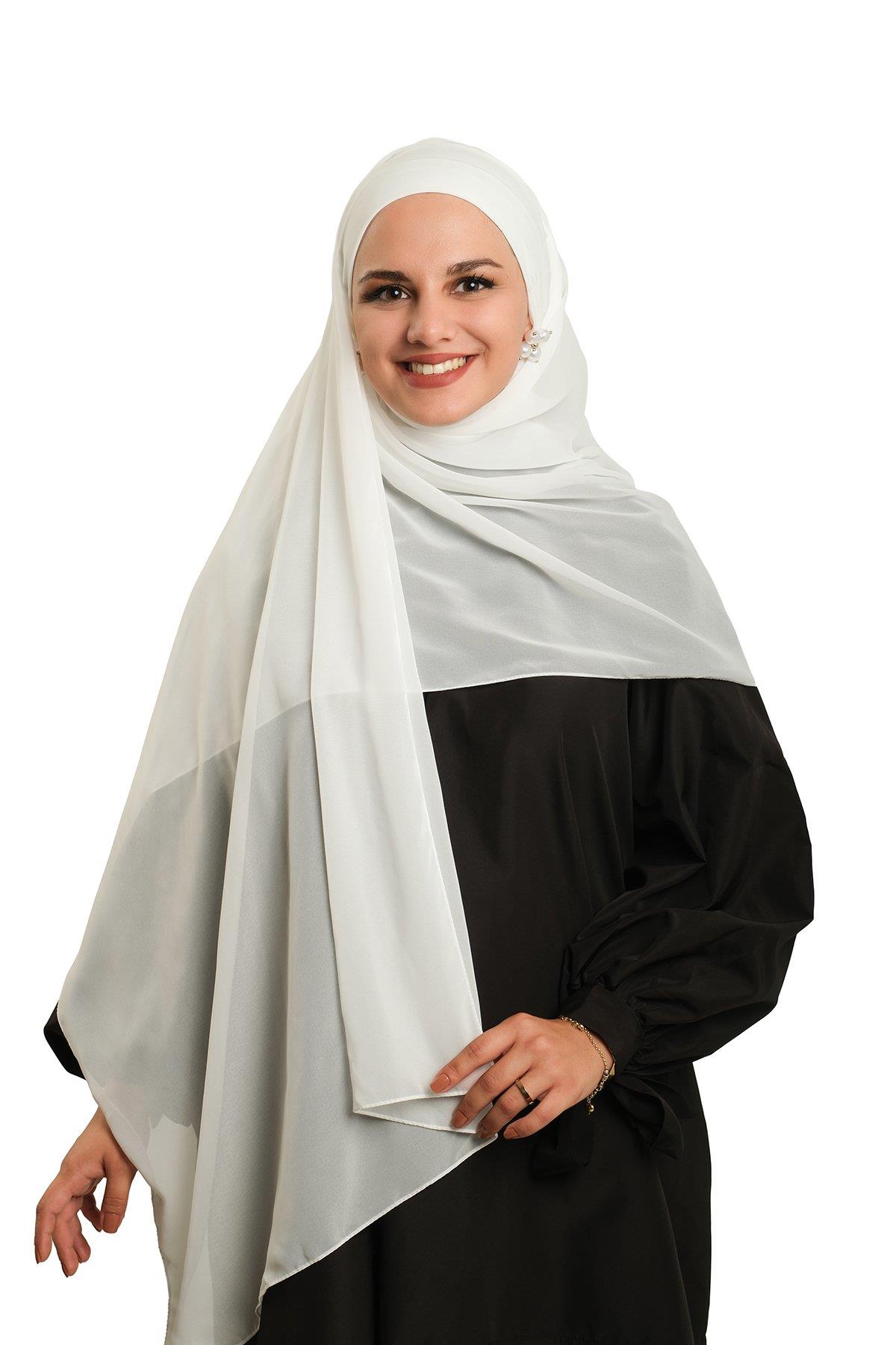 Krem Pratik Hazır Geçmeli Bone Şal Şifon Düz 2506_40