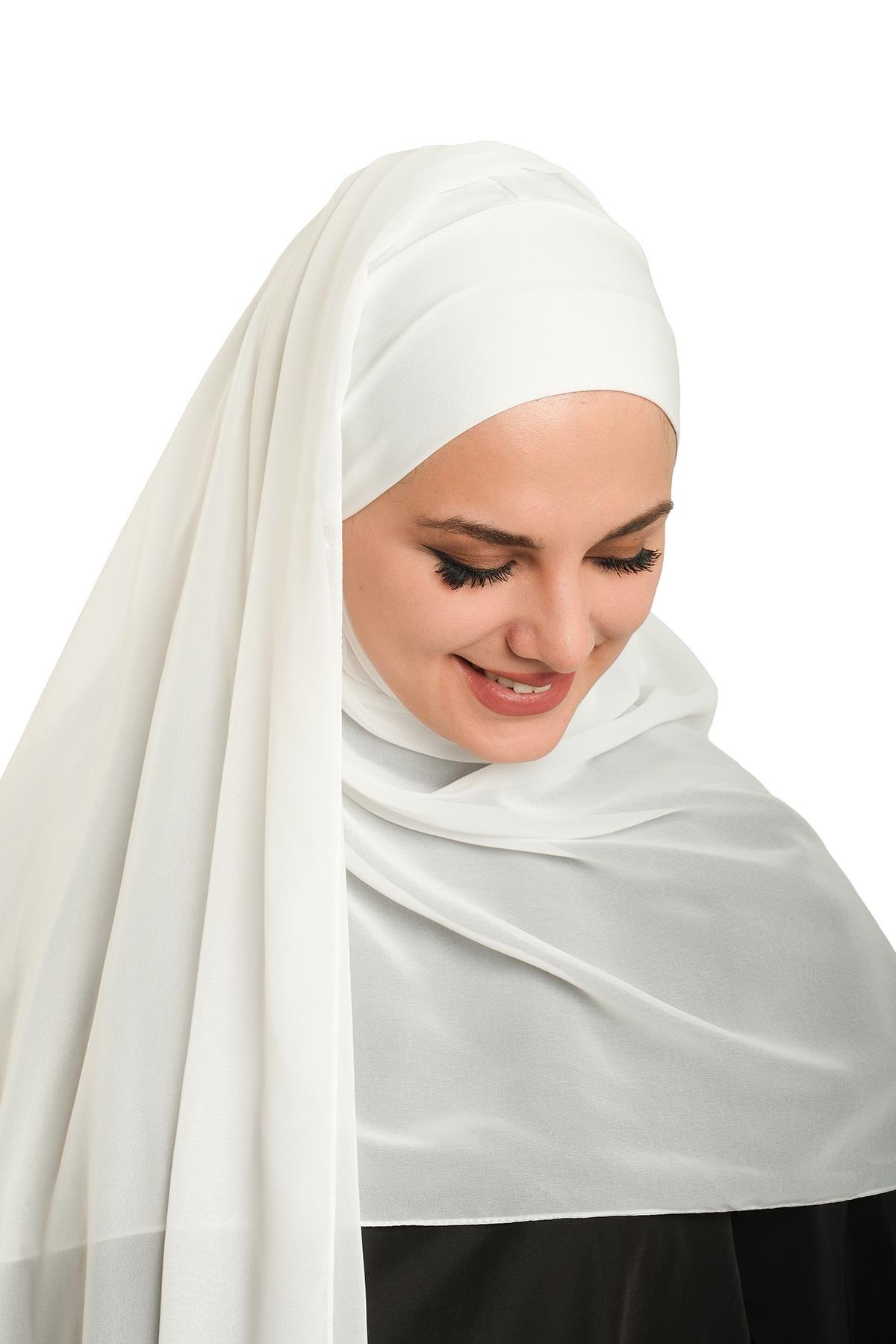 Krem Pratik Hazır Geçmeli Bone Şal Şifon Düz 2506_40