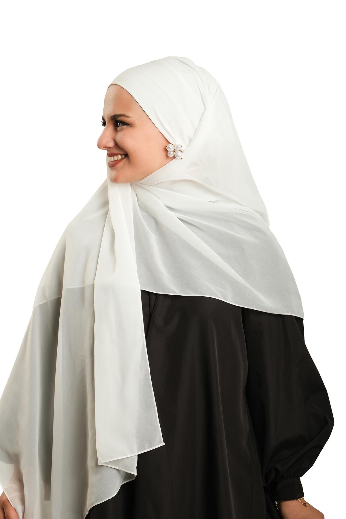 Krem Pratik Hazır Geçmeli Bone Şal Şifon Düz 2506_40