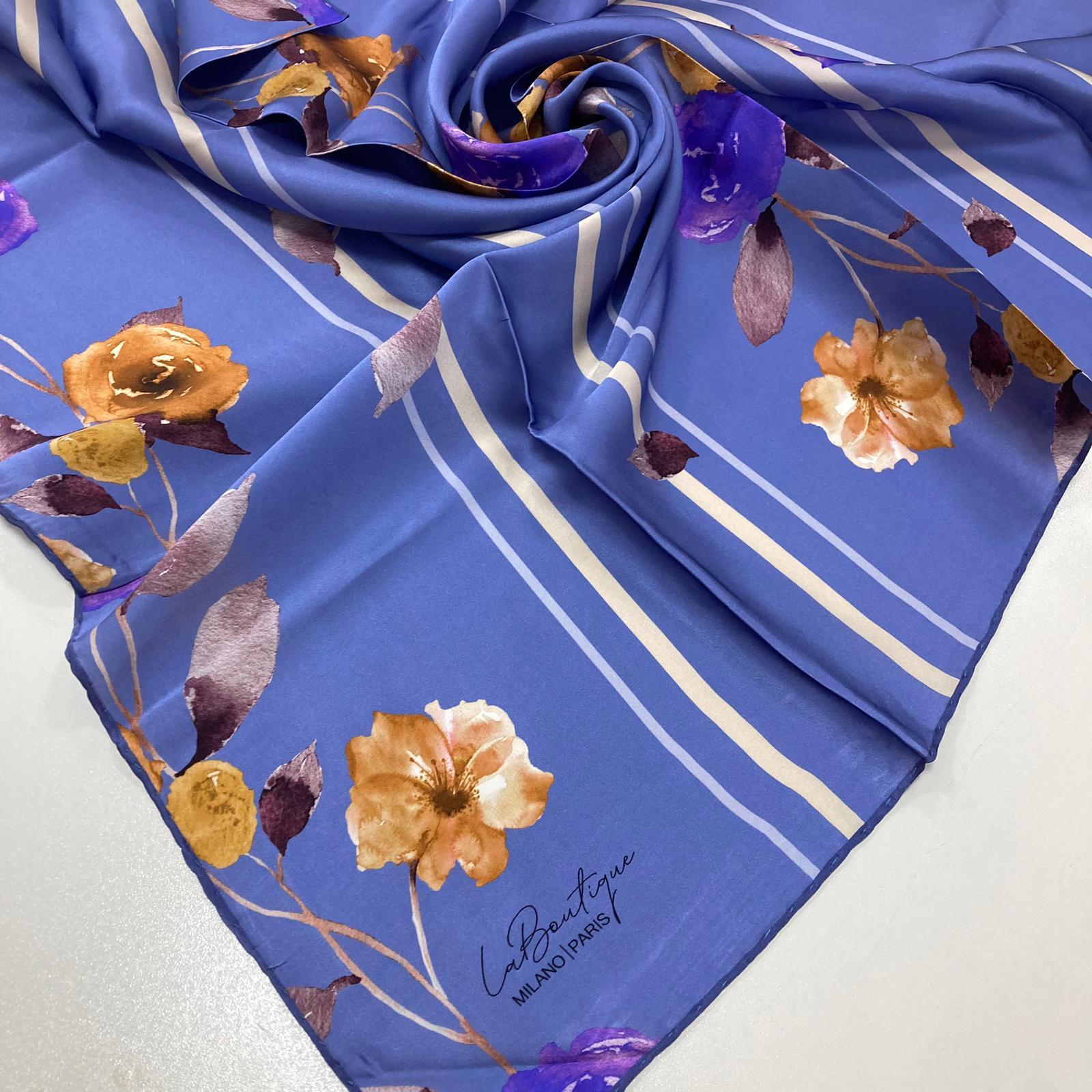 La Boutique Indigo Floral Patterned Sura Silk Scarf 1579-07