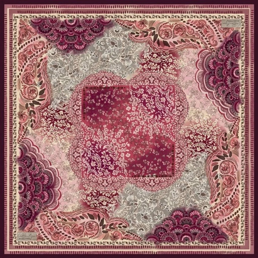 La Boutique Saf Sura İpek 2855 03 Pudra - Fuşya Etnik  Desen