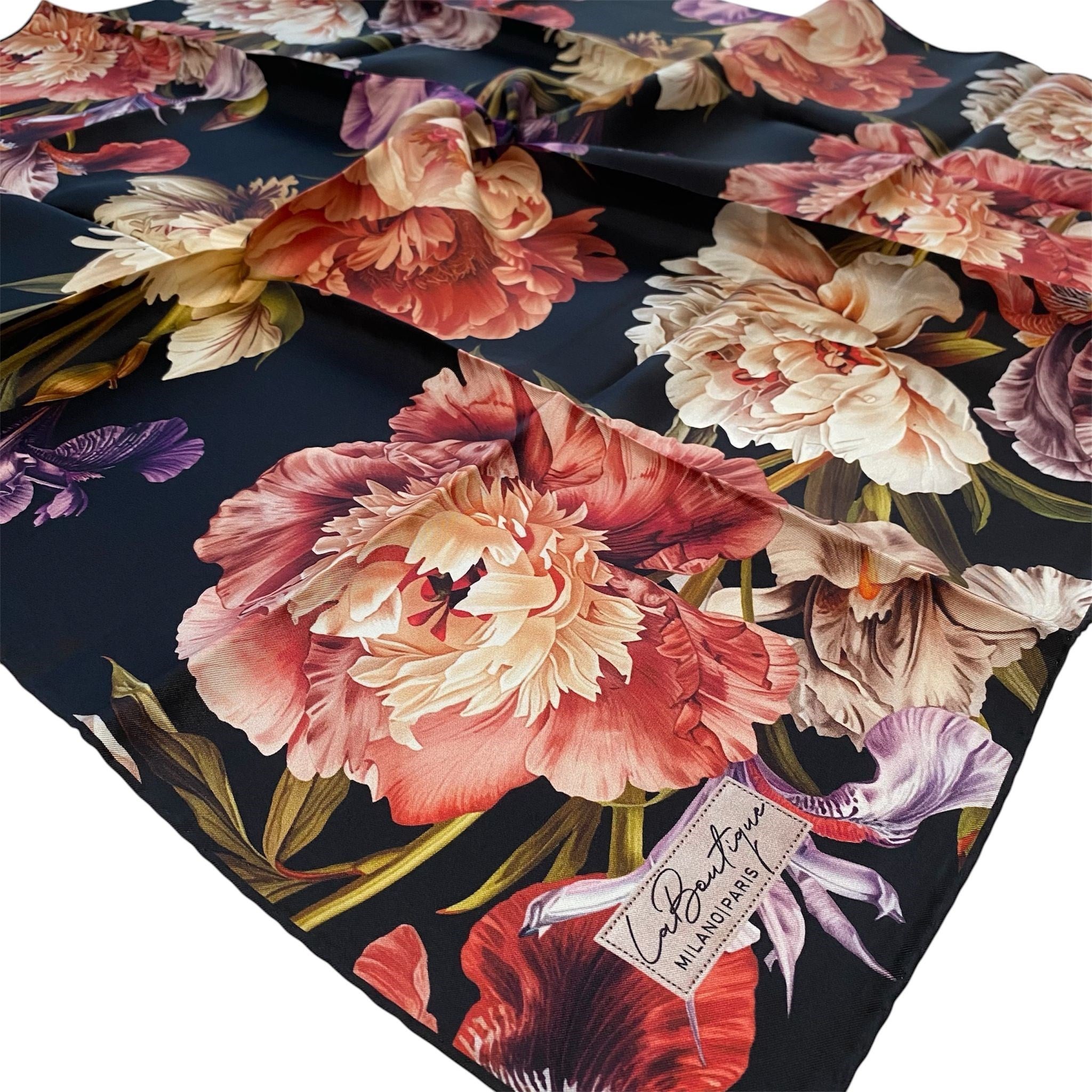 La Boutique Tivil İpek Eşarp Siyah Çiçek Desen 2556 - 04