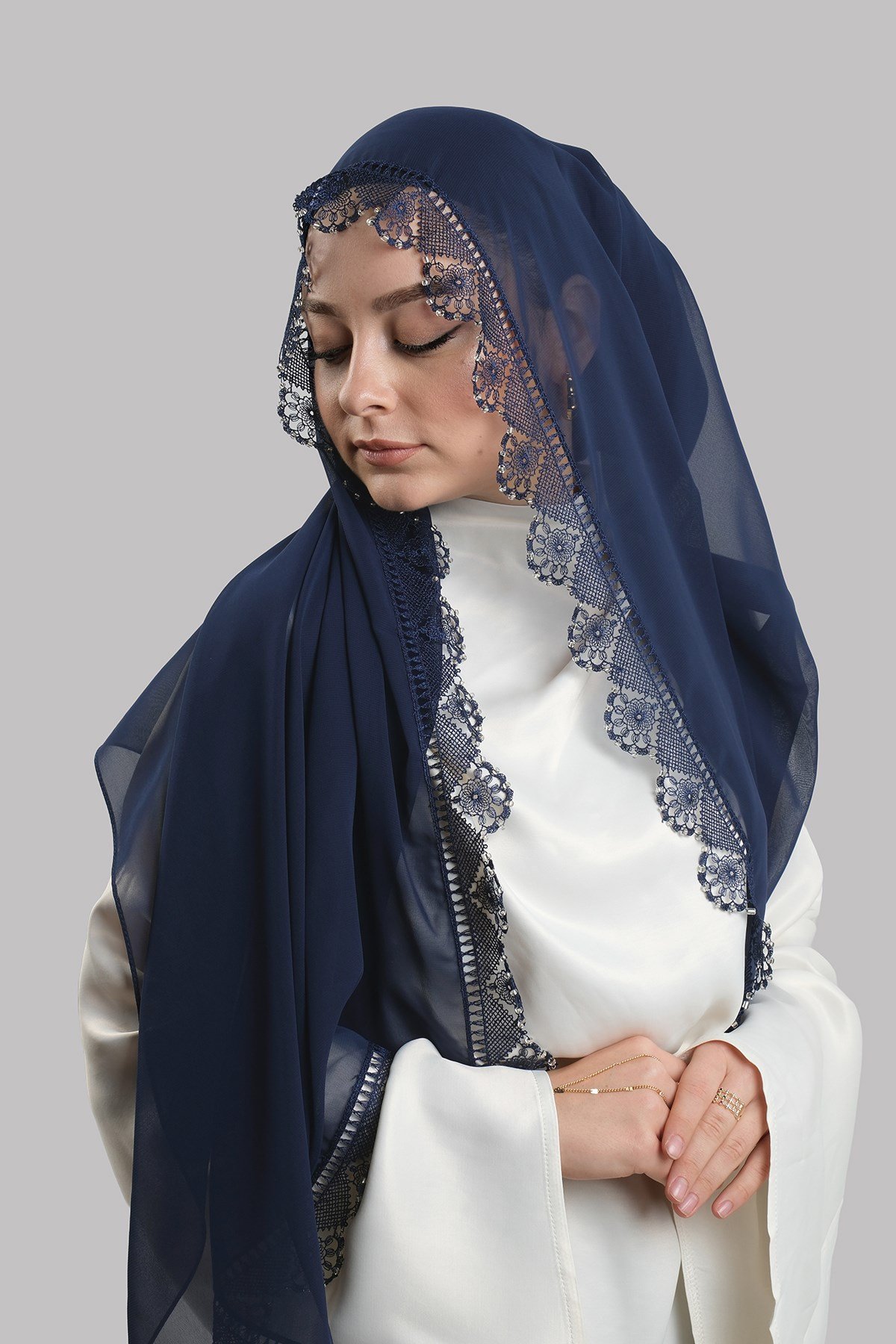 Lacivert Nikah Namaz Başörtüsü Şal Şifon Boncuklu Güpürlü 202131_02