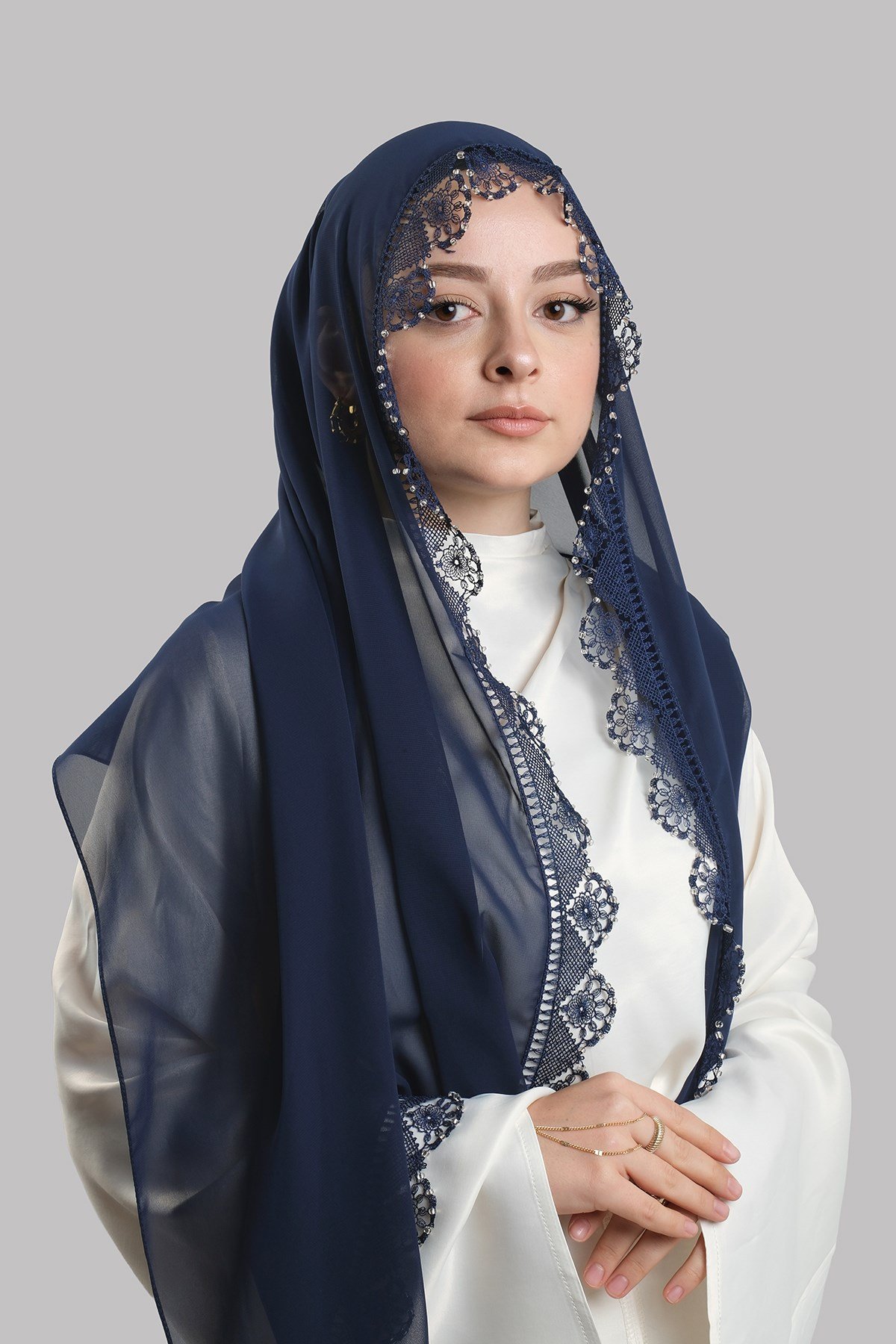 Lacivert Nikah Namaz Başörtüsü Şal Şifon Boncuklu Güpürlü 202131_02