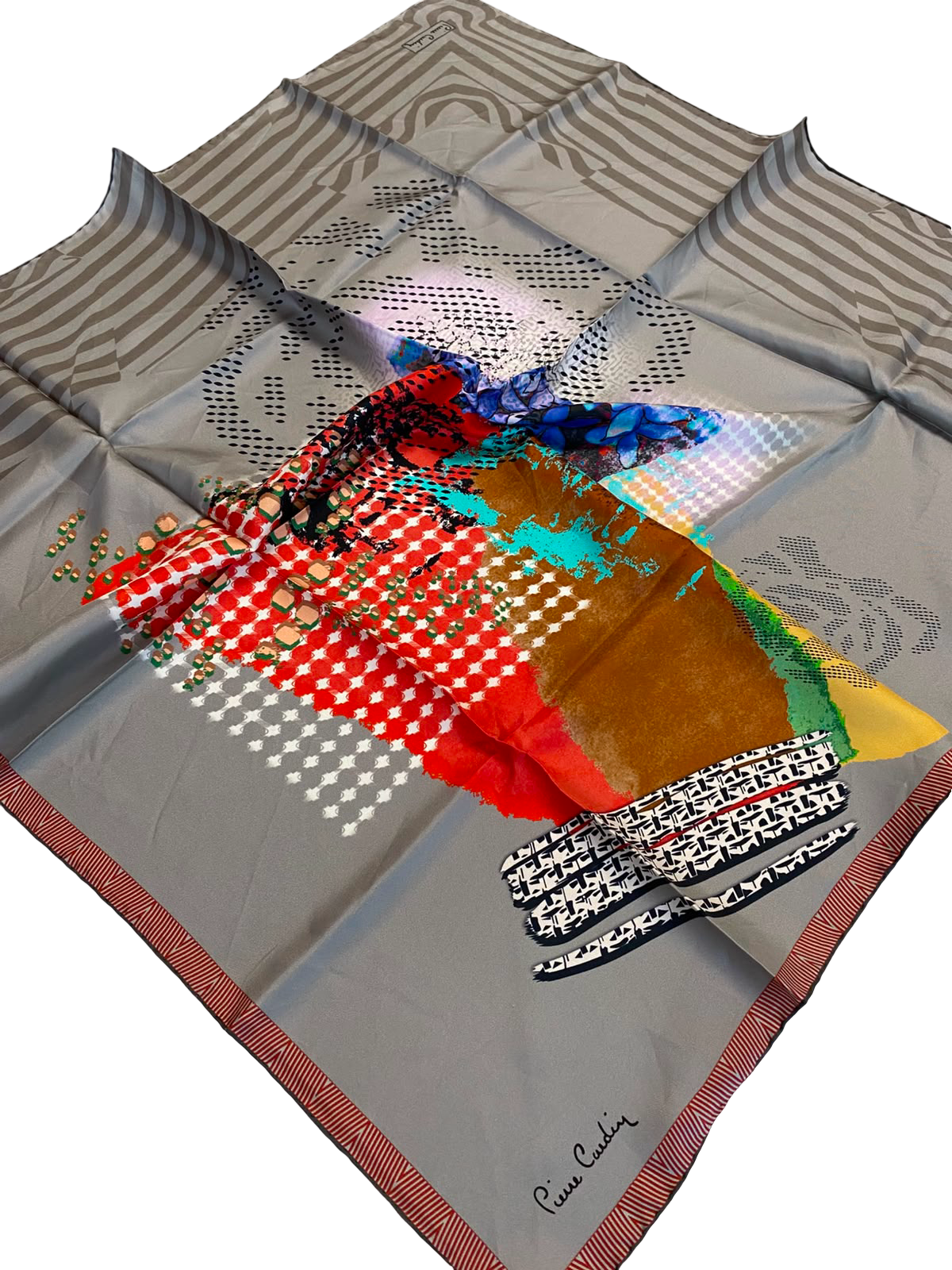 Pierre Cardin Gray Mixed Pattern Twill Silk Scarf 30969