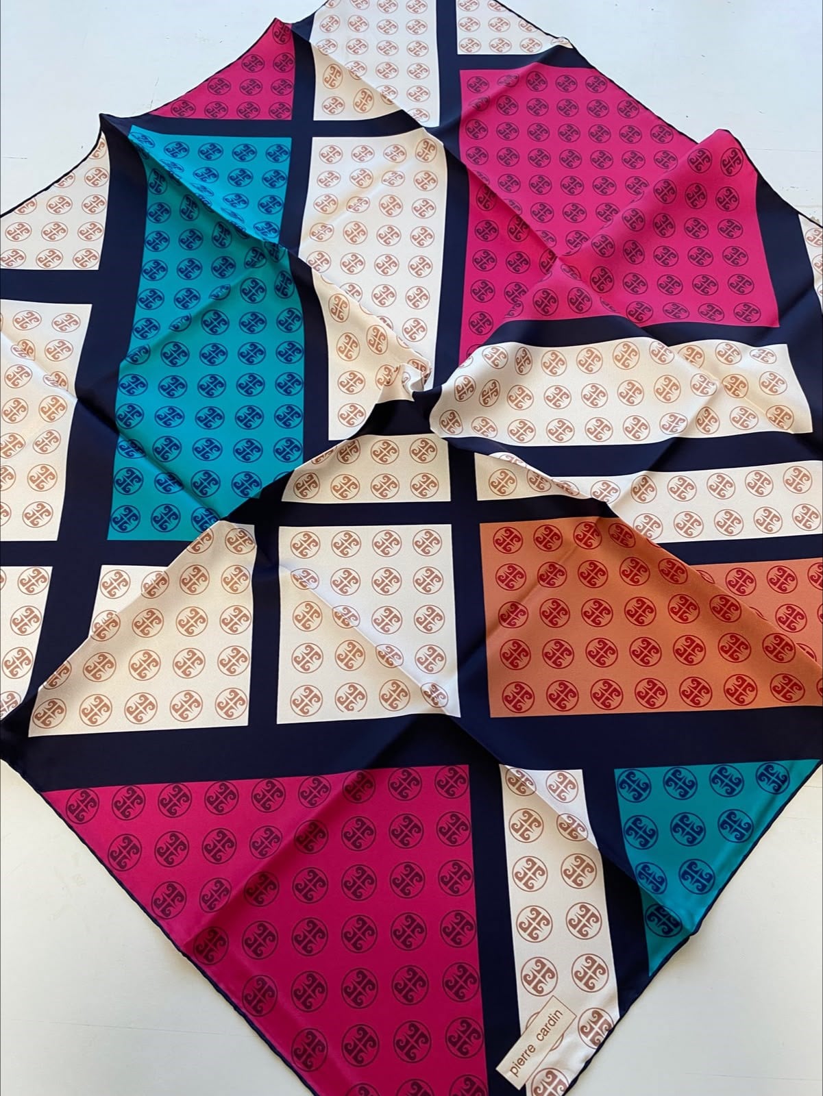 Pierre Cardin Navy Blue Pink Mixed Pattern Twill Silk Scarf 8803438-922