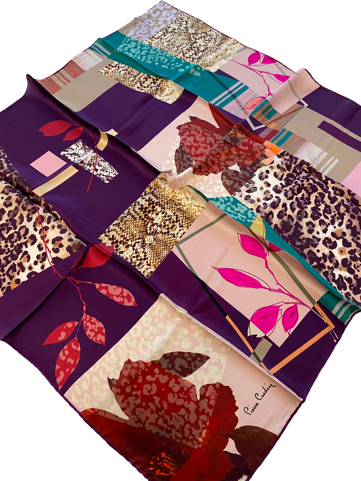 Pierre Cardin Purple Mixed Pattern Satin Silk Scarf 31018