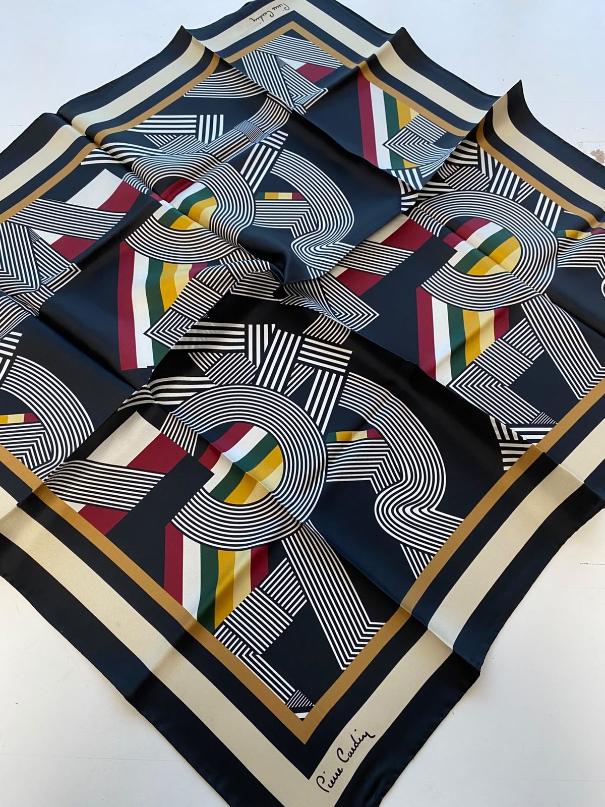 Pierre Cardin Black - Cream Geometric Pattern Twill Silk Scarf 8339438-913