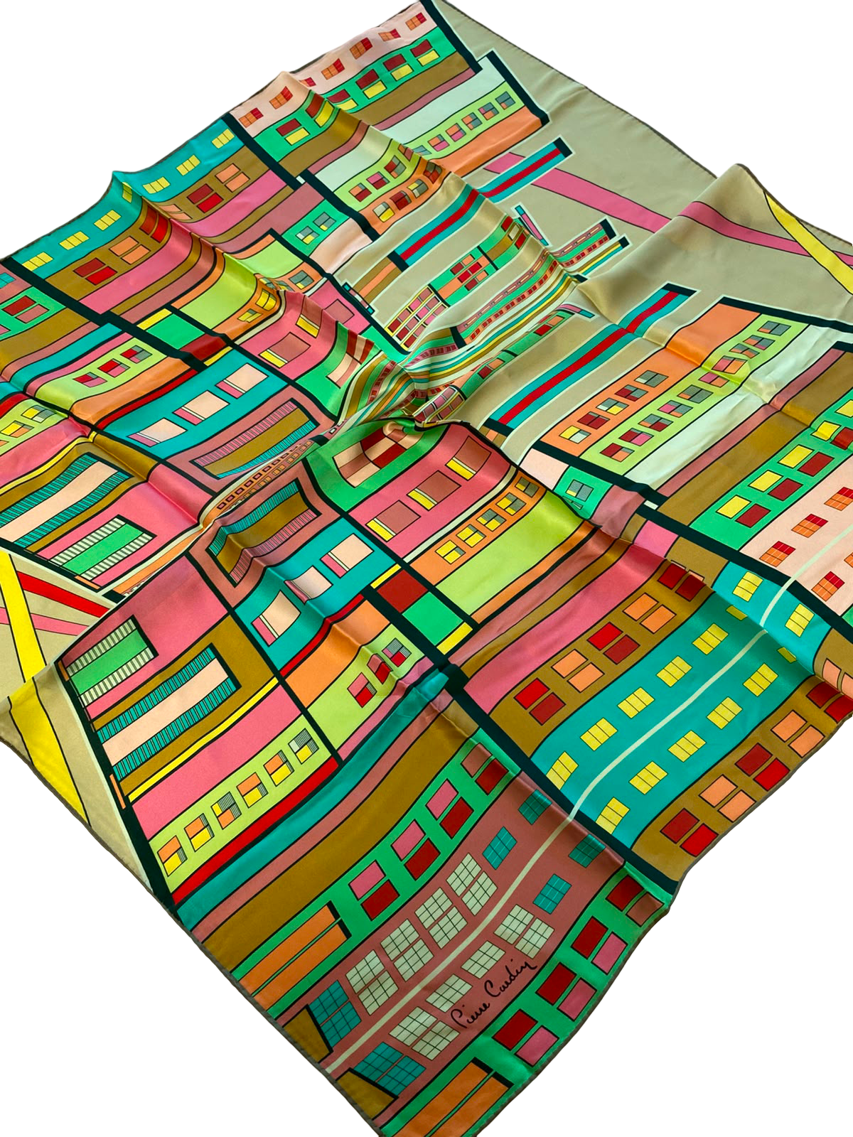 Pierre Cardin Satin Silk Scarf 37093 Green Mixed Pattern