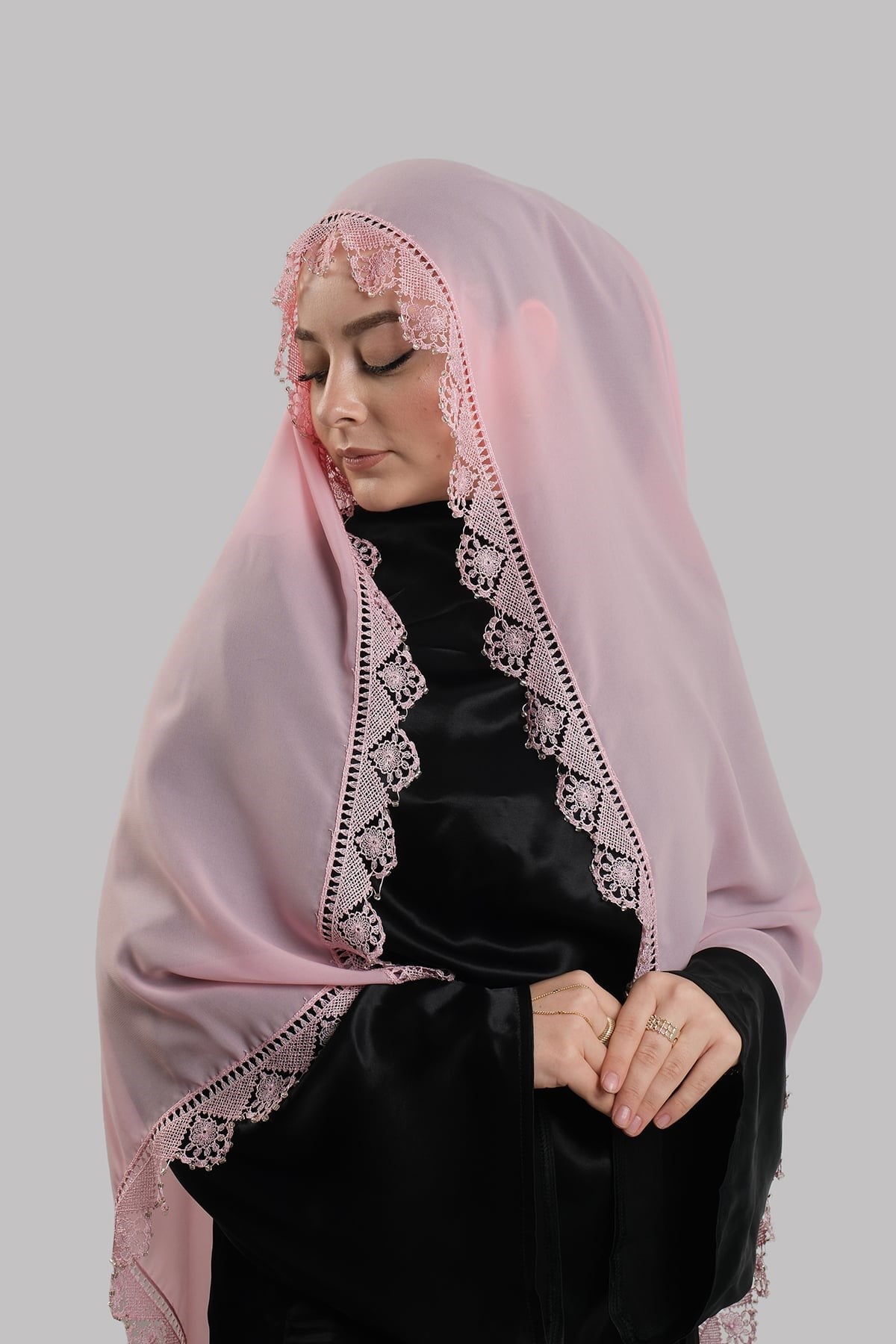 Pudra Nikah Namaz Başörtüsü Şal Şifon Boncuklu Güpürlü 202131_06