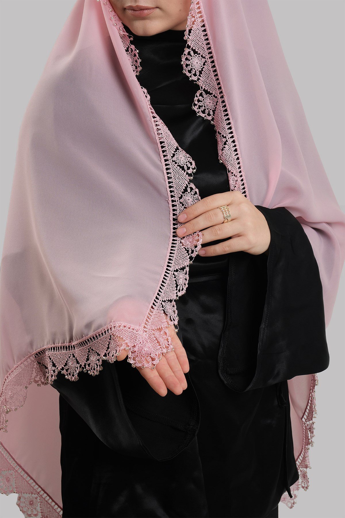 Pudra Nikah Namaz Başörtüsü Şal Şifon Boncuklu Güpürlü 202131_06