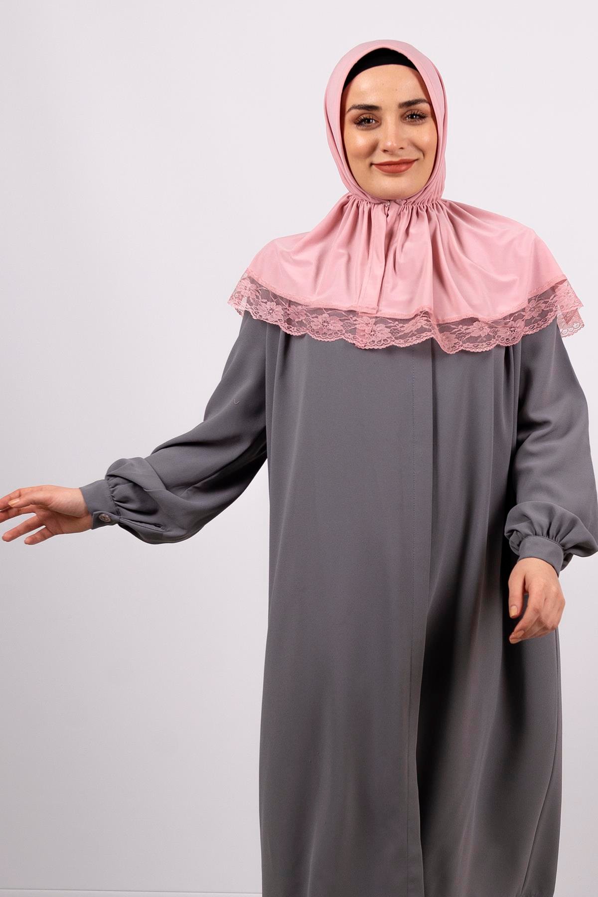 Pudra Pratik Hazır Geçmeli Tesettür Eşarp Viskon Kumaş Çıtçıtlı Dantelli 2105_06