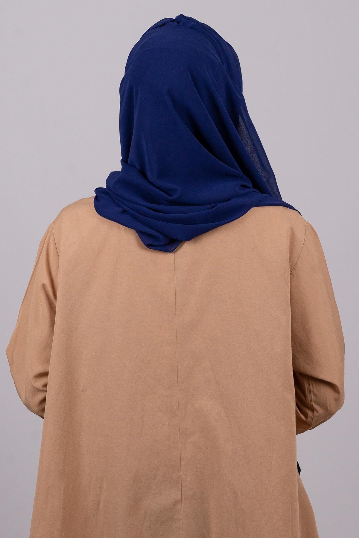 Saks Mavisi-Gümüş Arkadan Bağlamalı Şal Şifon Üç Bantlı Simli Pileli 1835_2401