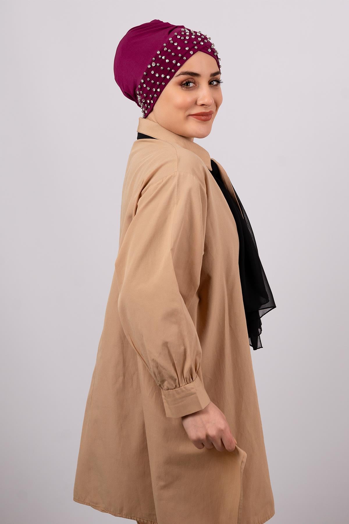 Şarabi Pratik Hazır Geçmeli Tesettür Bone Sandy Kumaş Taşlı 1456_08