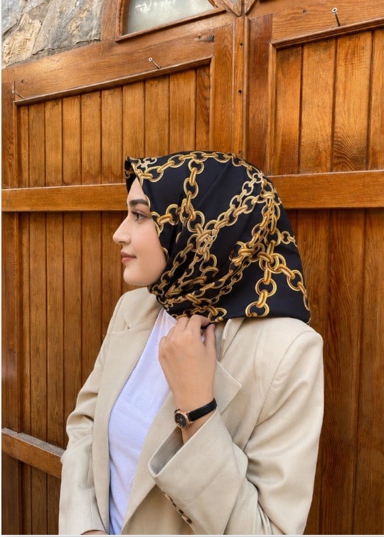 Seyra Lacivert Zincir Desen Tivil İpek Eşarp IST 3568