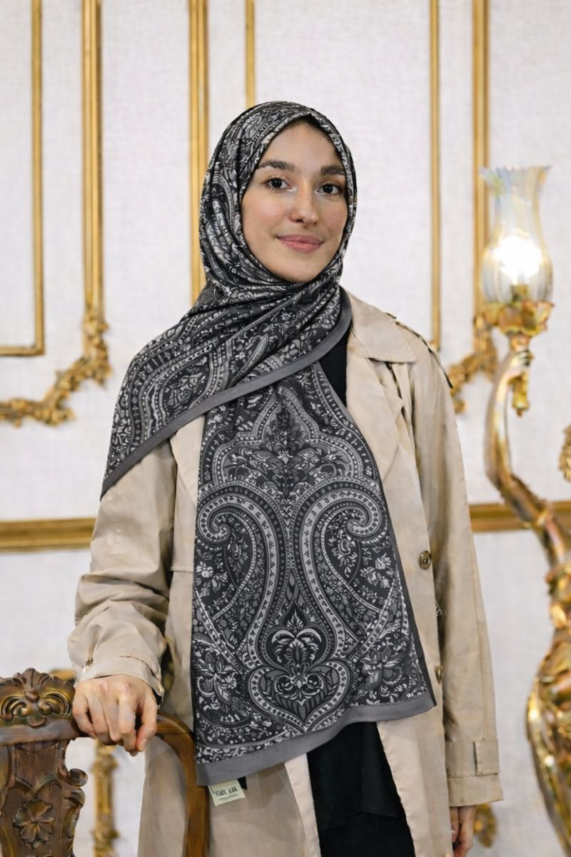 Shawl Secret Glamour Pamuklu Etnik Soft Şal 52826 Gri Siyah Etnik Desen