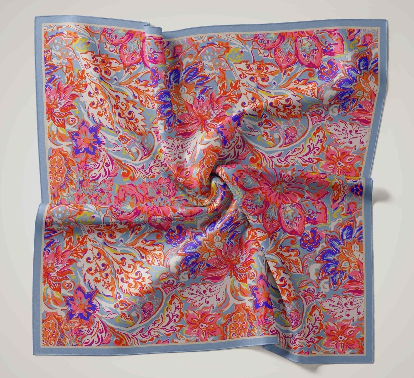 Silk Home Olinda İpek Eşarp IST 120001-05 Fuşya-Bebe Mavi Çiçek Desen