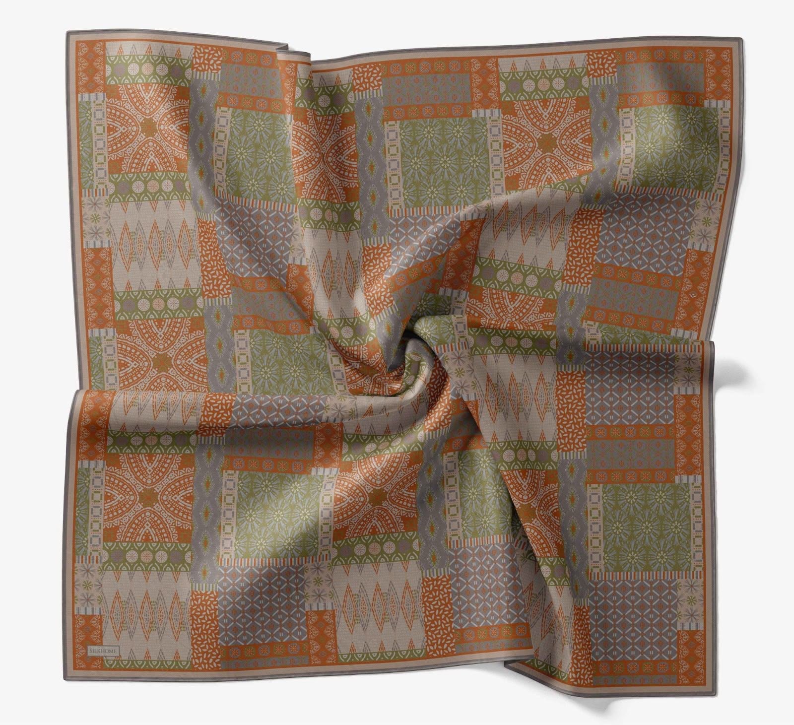Silk Home Soft Eşarp IST Haki - Turuncu Etnik Desen