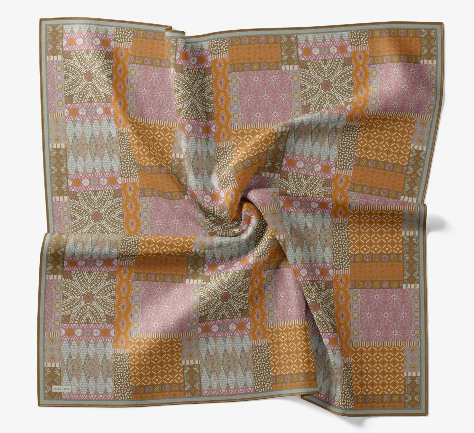Silk Home Soft Eşarp IST Yağ Yeşili- Pembe Etnik Desen