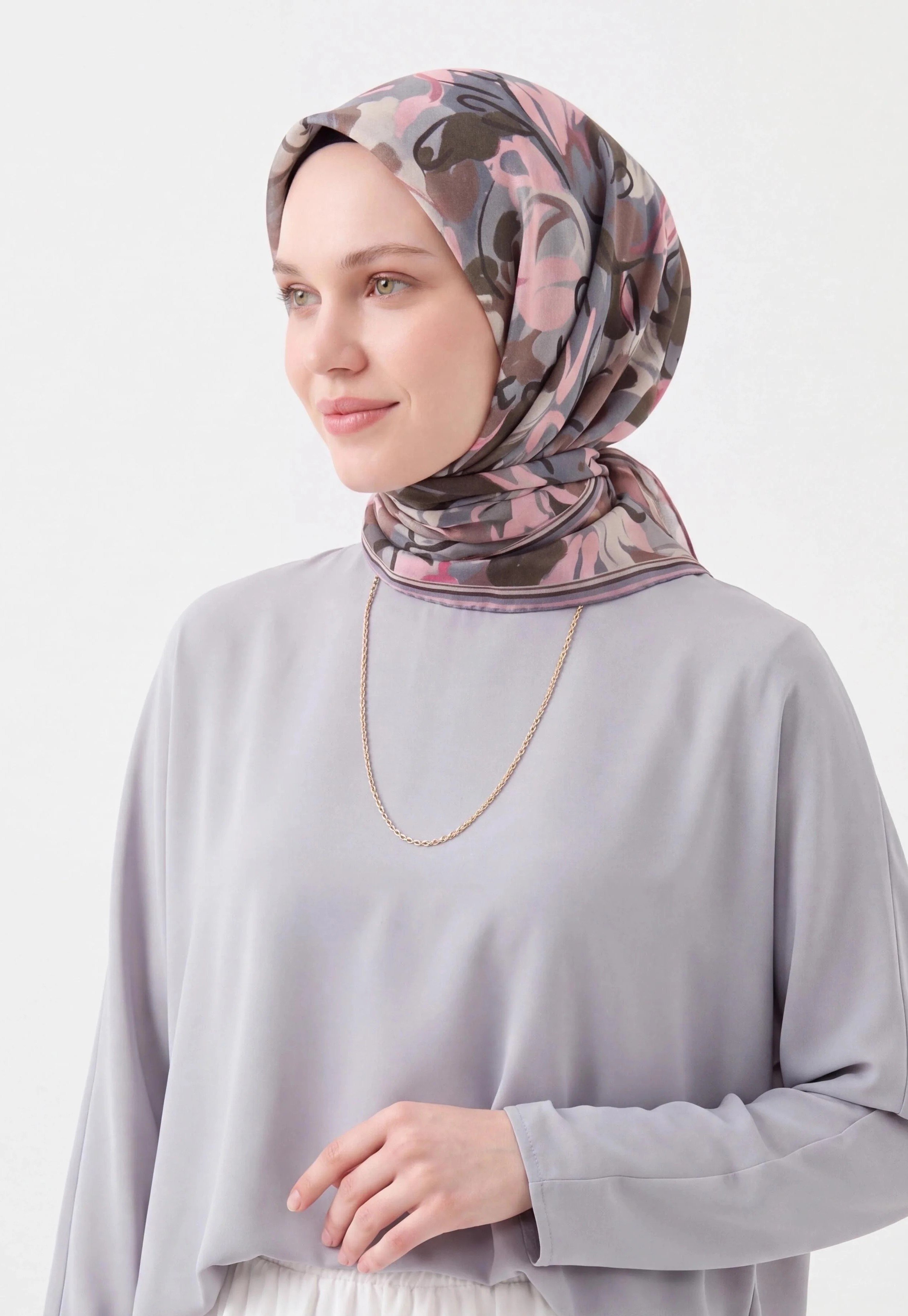 Silk Home Soft Eşarp Soyut Desenli Gri Pembe