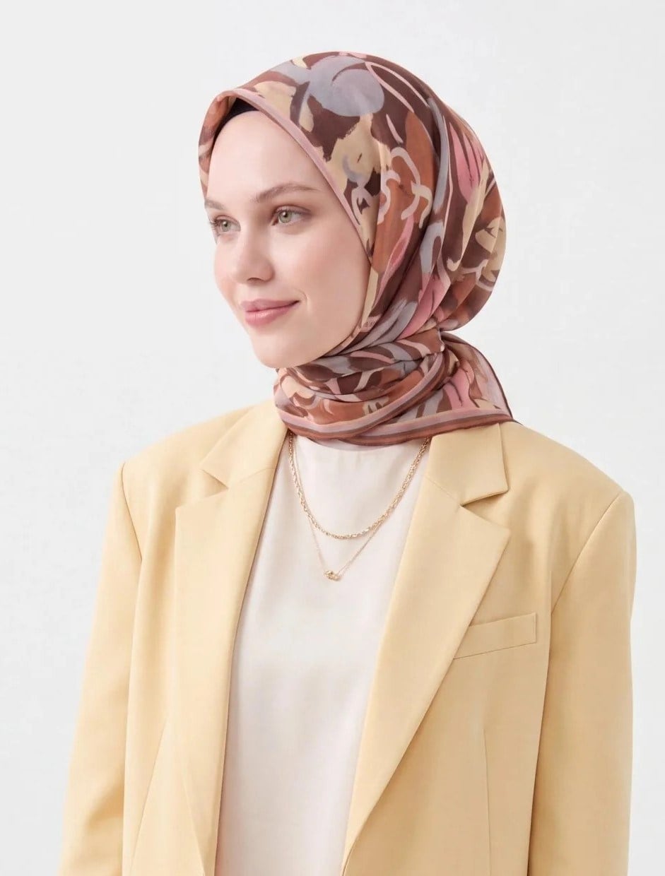 Silk Home Soft Eşarp Soyut Desenli Kahverengi Pembe