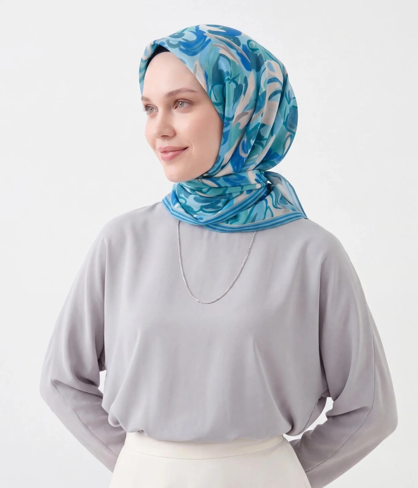 Silk Home Soft Eşarp Soyut Desenli Mavi Saks Mavisi