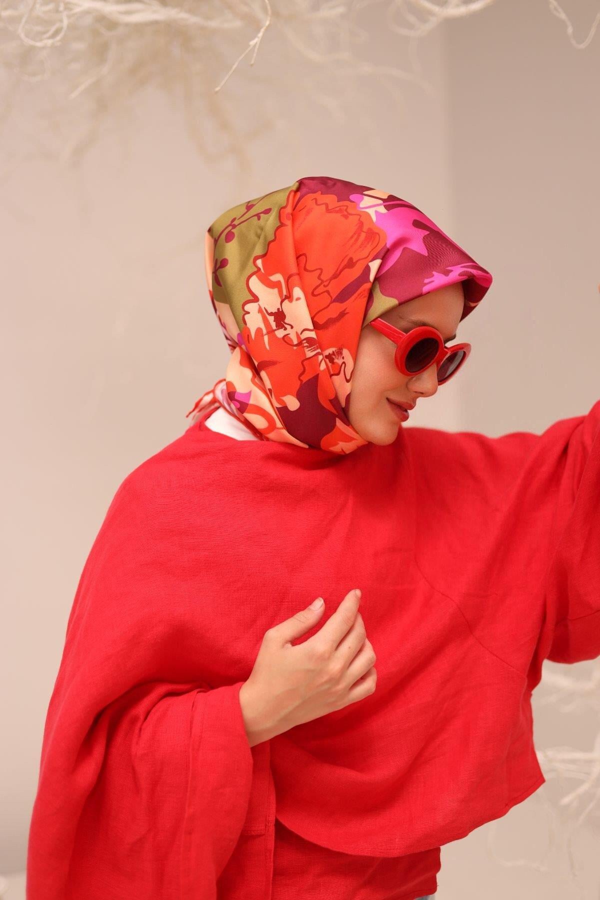 Silk Home Tivil İpek Eşarp 11437-33 Turuncu Karışık Desen