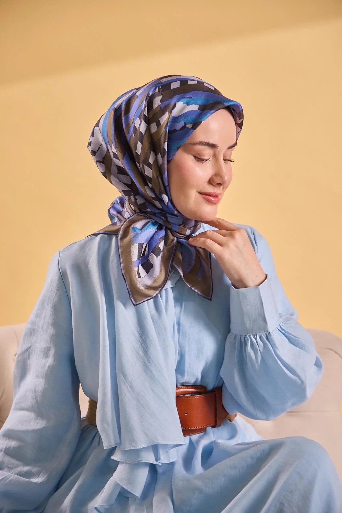 Silk Home Tivil İpek Eşarp 11525 - 12 Haki Geometrik Desen 