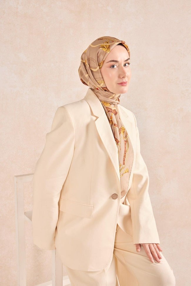Silk Home Tivil İpek Eşarp 11530 - 01 Gold - Taba Zincir Desen