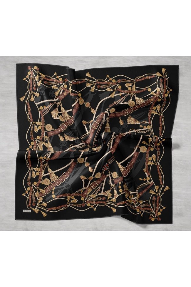 Silk Home Tivil İpek Eşarp 11530 - 02 Siyah - Gold  Kemer Desen